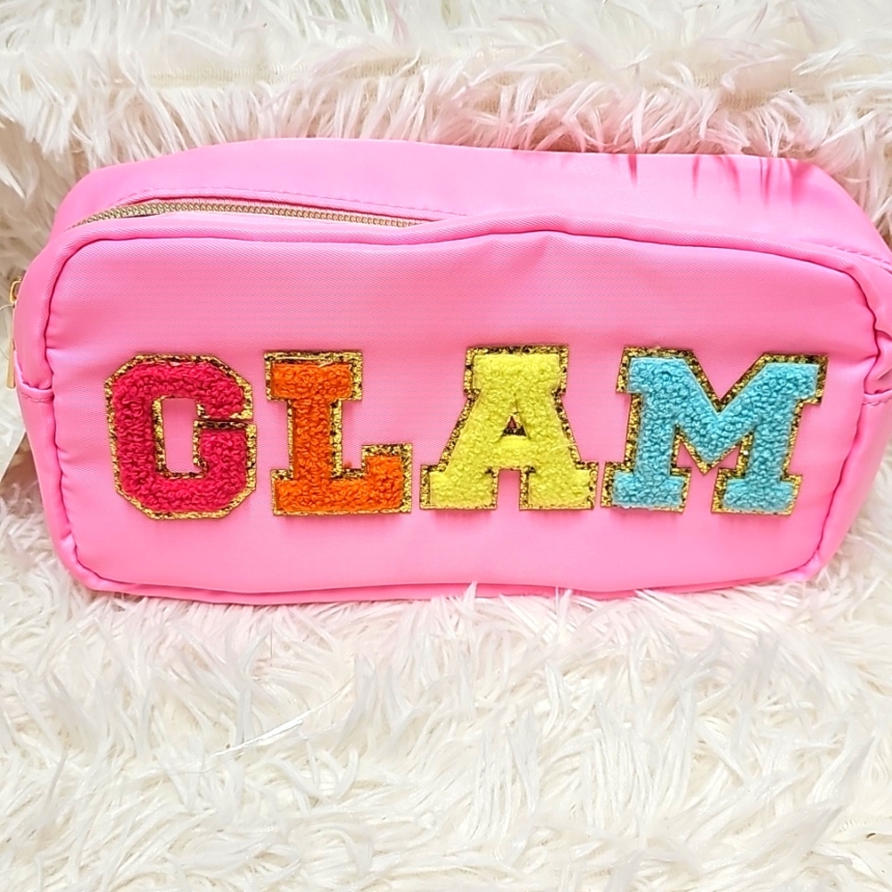 GLAM Applique Travel Pouch Bag Cosmetics Pink Mukti Color Lettering